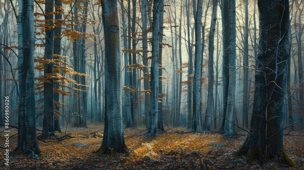 Forest of beech trees at morning s first light Forest of beech trees at morning s first light
