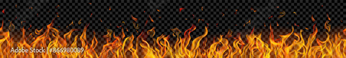 Translucent fire flames and sparks with seamless horizontal repetition on transparent background. For used on dark illustrations. Transparency only in vector format