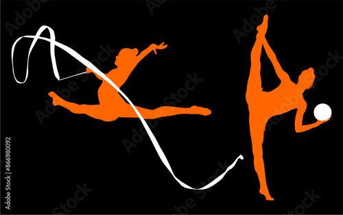 aro, gimnasia, deportes, acrobatas, gimnastas, silueta, vectores, bola. liston