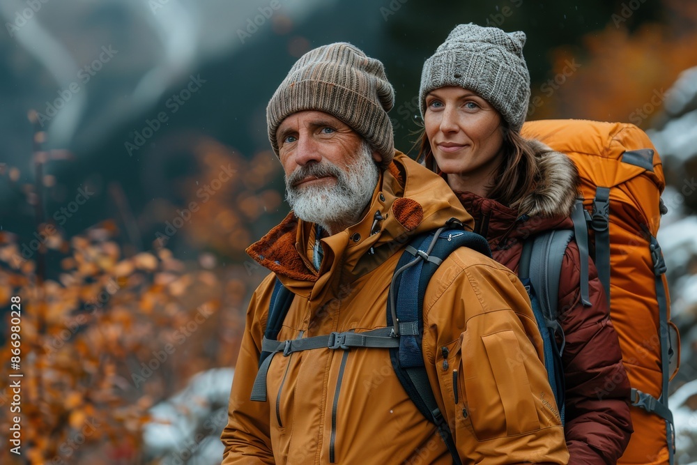 A happy couple dressed in outdoor gear, hiking through a vibrant autumn forest, with orange and yellow leaves, enjoying the scenic mountainous landscape and fresh air. A happy couple dressed in outdoor gear, hiking through a vibrant autumn forest, with orange and yellow leaves, enjoying the scenic mountainous landscape and fresh air.