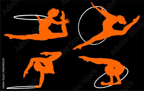 aro, gimnasia, deportes, acrobatas, gimnastas, silueta, vectores, bola. liston