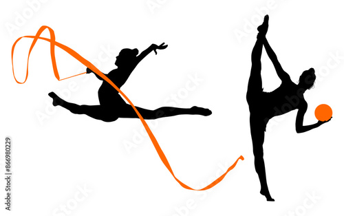aro, gimnasia, deportes, acrobatas, gimnastas, silueta, vectores, bola. liston