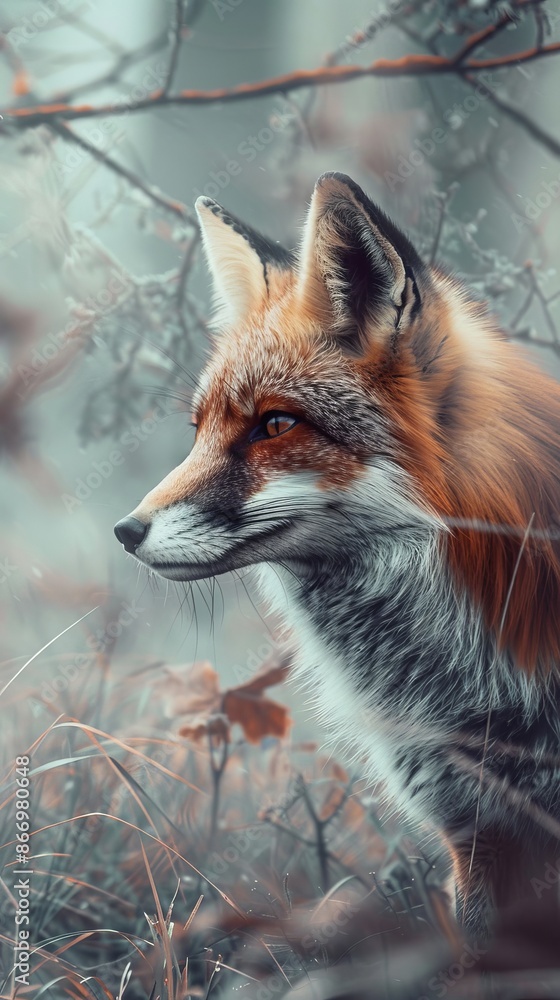 Fototapeta premium Red fox in natural forest setting with soft, dreamy background. Wildlife and nature photography concept