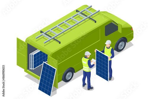 Isometric Maintenance and repair, Technician inspection and repair solar cell. Environmental impact, Energy access, Energy independence, Innovations in solar energy, Panel installation