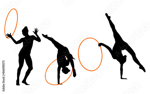 aro, gimnasia, deportes, acrobatas, gimnastas, silueta, vectores, bola. liston