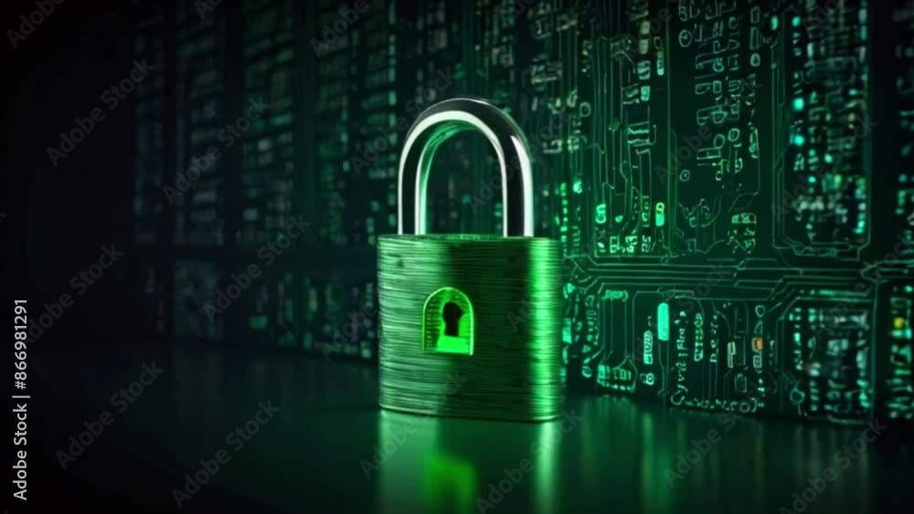 A green padlock is shown in front of a dark background with bright green circuit board texture. A green padlock is shown in front of a dark background with bright green circuit board texture.