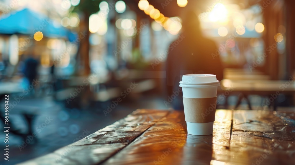 Coffee cup on wooden table in outdoor setting Coffee cup on wooden table in outdoor setting