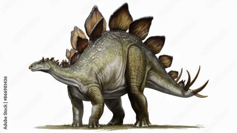 A Stegosaurus dinosaur isolated on a white background, showcasing its distinctive bony plates and tail spikes A Stegosaurus dinosaur isolated on a white background, showcasing its distinctive bony plates and tail spikes