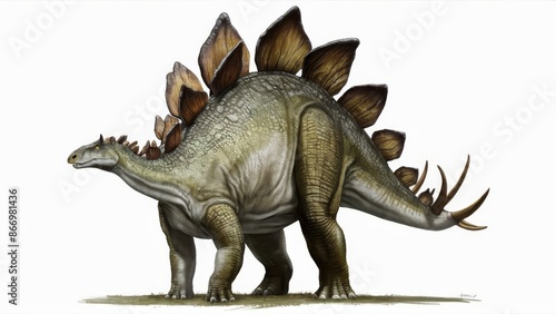 A Stegosaurus dinosaur isolated on a white background, showcasing its distinctive bony plates and tail spikes photo