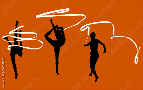 aro, gimnasia, deportes, acrobatas, gimnastas, silueta, vectores, bola. liston