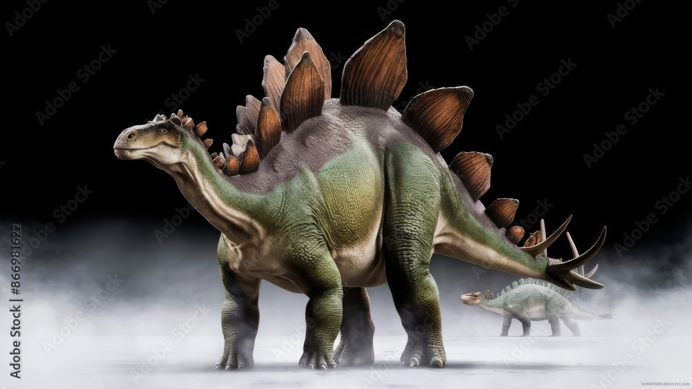 A Stegosaurus dinosaur isolated on a white background, showcasing its distinctive bony plates and tail spikes A Stegosaurus dinosaur isolated on a white background, showcasing its distinctive bony plates and tail spikes