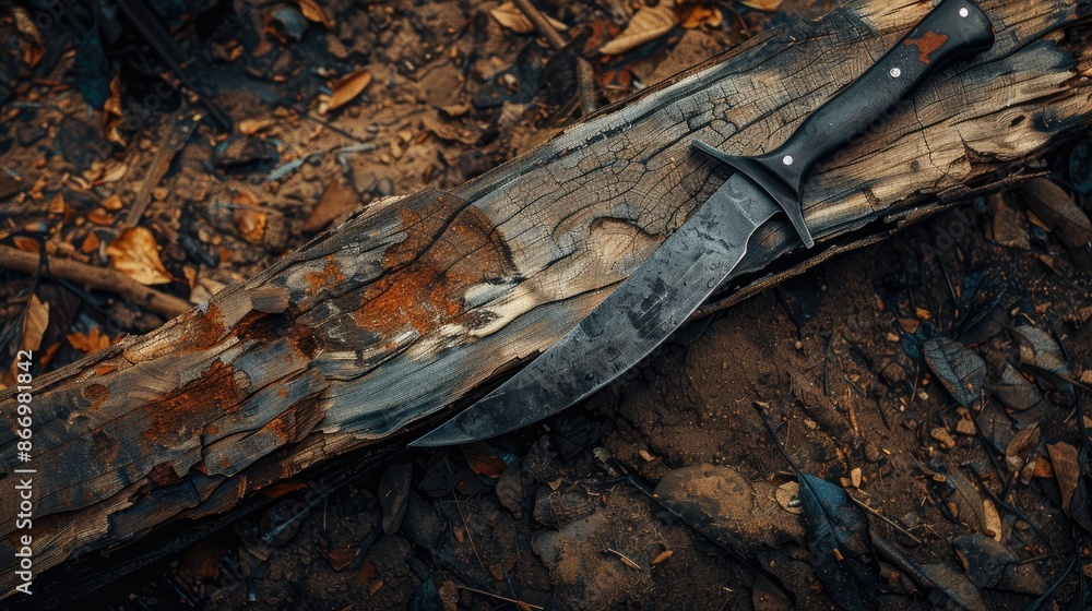 Machete resting on a log with empty space Machete resting on a log with empty space