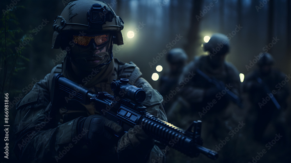 Intense modern warfare scenario featuring soldiers executing covert operations in hostile territory. Intense modern warfare scenario featuring soldiers executing covert operations in hostile territory.