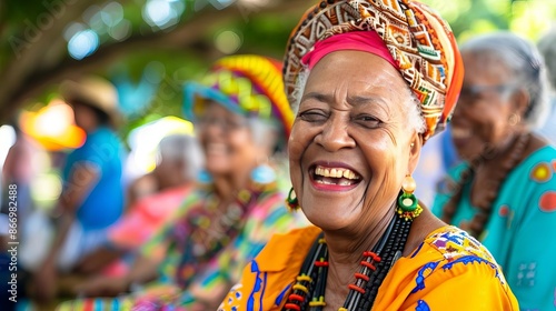 Smiling African American senior woman wearing colorful traditional clothes.