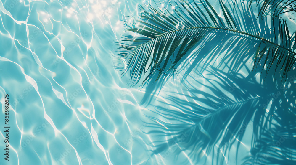 Clean Water Texture. Realistic Water Surface Overlay with tropical leaf shadow. Transparent Overlay of a palm leaf silhouette with ripples on a light blue water surface. summer water, AI Generated. Clean Water Texture. Realistic Water Surface Overlay with tropical leaf shadow. Transparent Overlay of a palm leaf silhouette with ripples on a light blue water surface. summer water, AI Generated.