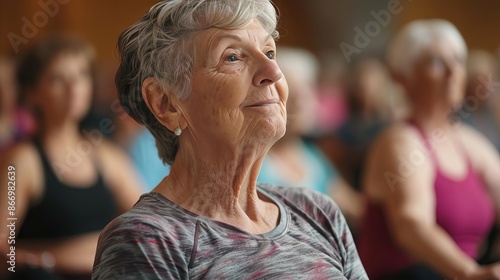 Senior woman sitting in a group fitness class, looking attentively at the instructor.