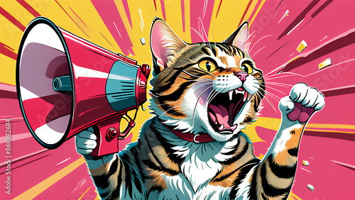 Cool cartoon - Cat yells loudly into a red megaphone photo