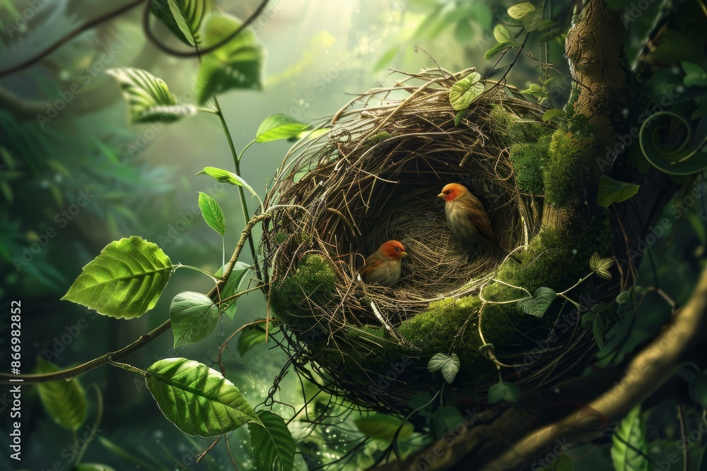 Two birds are sitting in a nest made of twigs and moss, surrounded by lush green foliage Two birds are sitting in a nest made of twigs and moss, surrounded by lush green foliage