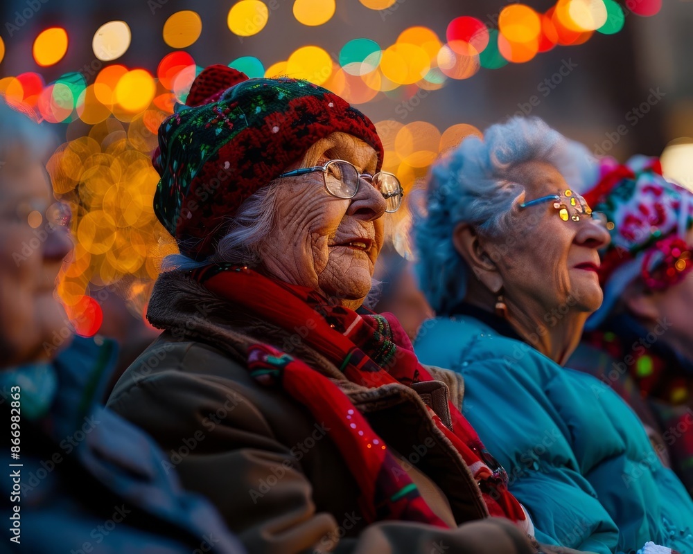 Three elderly women watching a performance, smiling, wearing winter clothes, festive lights in the background Three elderly women watching a performance, smiling, wearing winter clothes, festive lights in the background