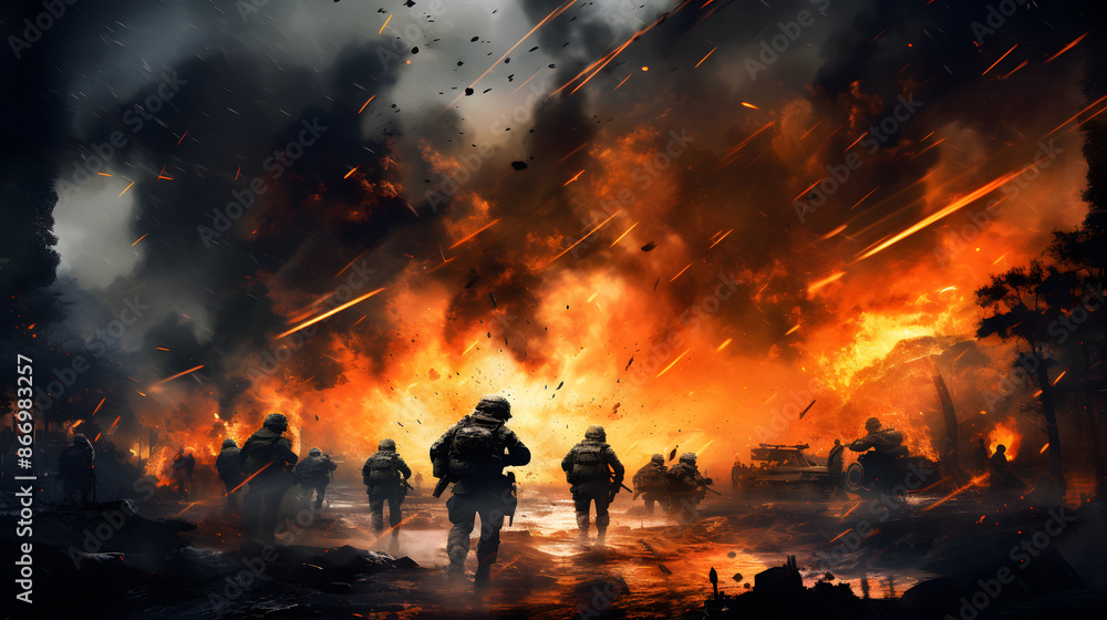 Modern warfare scene depicting soldiers in a tense combat situation with strategic intensity and action Modern warfare scene depicting soldiers in a tense combat situation with strategic intensity and action