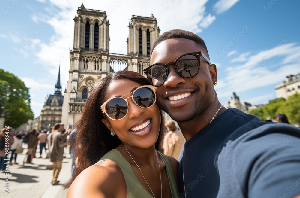 A smiling couple taking a selfie in front of the Notre Dame Cathedral, enjoying a sunny day in Paris with sunglasses on A smiling couple taking a selfie in front of the Notre Dame Cathedral, enjoying a sunny day in Paris with sunglasses on