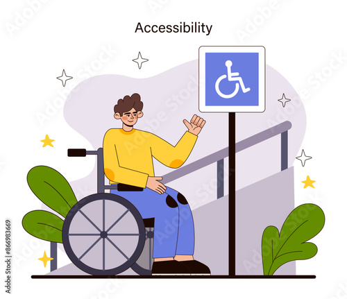 Accessibility concept. A person in a wheelchair greets the day with optimism near an accessibility sign