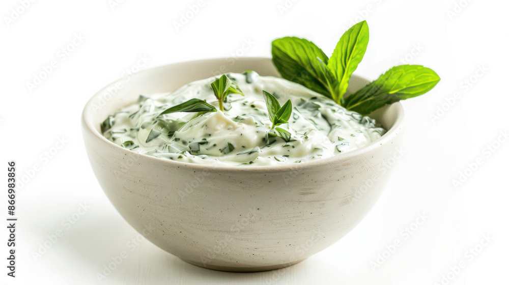a bowl of creamy yogurt mixed with herbs, topped with a fresh mint sprig a bowl of creamy yogurt mixed with herbs, topped with a fresh mint sprig
