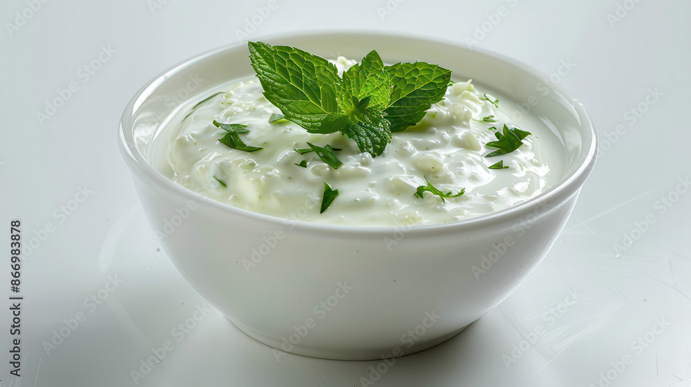 a bowl of herb-infused creamy yogurt, topped with a fresh mint sprig, in a simple white bowl a bowl of herb-infused creamy yogurt, topped with a fresh mint sprig, in a simple white bowl