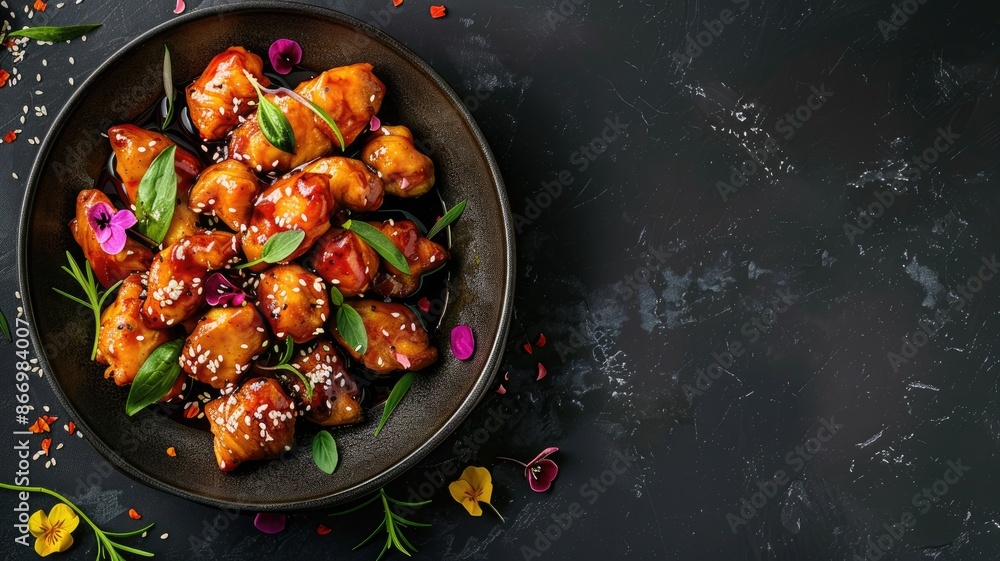 Sweet and sour chicken garnished with herbs flowers Sweet and sour chicken garnished with herbs flowers