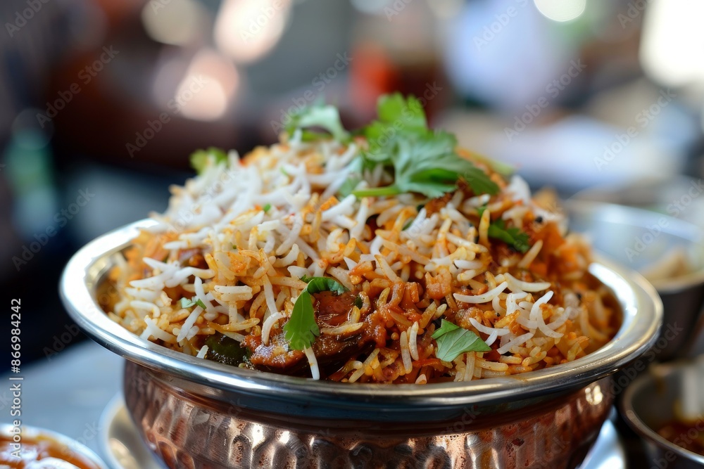 Steaming hot chicken biryani is served in a copper bowl, garnished with fresh coriander Steaming hot chicken biryani is served in a copper bowl, garnished with fresh coriander