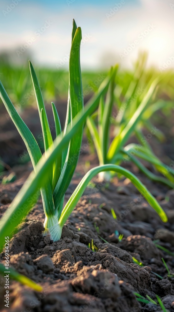 Close-up of green onion growing in soil, agricultural crop concept Close-up of green onion growing in soil, agricultural crop concept