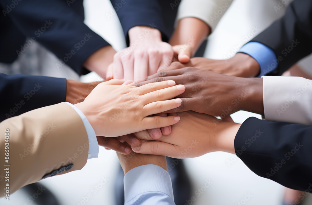 A group of business professionals stacking their hands in a supportive gesture, highlighting unity, teamwork, and collaborative effort A group of business professionals stacking their hands in a supportive gesture, highlighting unity, teamwork, and collaborative effort