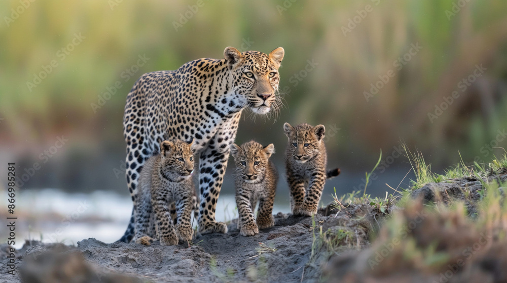 Leopard and Adorable Leopard Cubs in Natural Habitat - Stunning Wildlife Photography, Family of Leopards in the Wild, Safari Adventure Leopard and Adorable Leopard Cubs in Natural Habitat - Stunning Wildlife Photography, Family of Leopards in the Wild, Safari Adventure