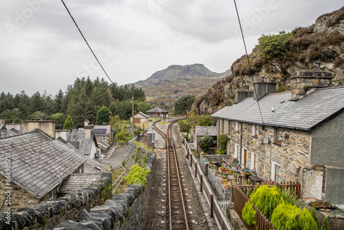 Narrow gauge Double steam locomotive heritage line in Tanygrisiau village that runs through Snowdonia National Park