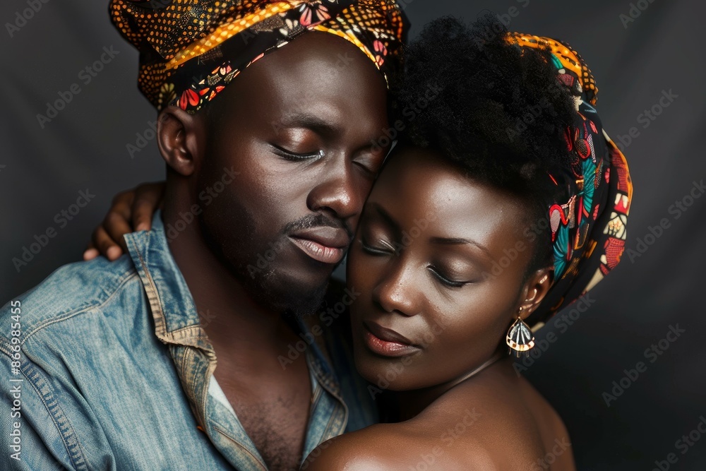 Obraz premium Young black couple wearing traditional african headdresses is embracing with their eyes closed