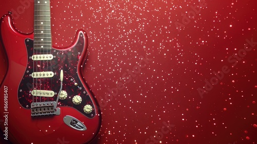 Red electric guitar on sparkling red background