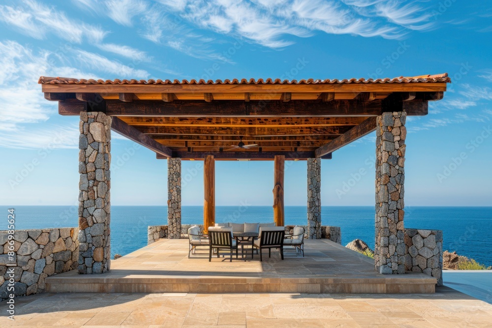 Fototapeta premium Stone and Wood Pergola with Ocean View