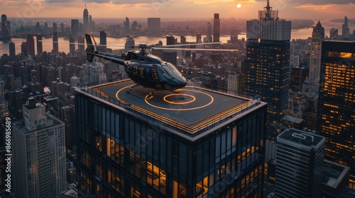 Upscale helicopter pad on a tall building rooftop, aerial view, clean, modern architecture, visually appealing photo