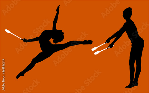 aro, gimnasia, deportes, acrobatas, gimnastas, silueta, vectores, gimnasia ritmica