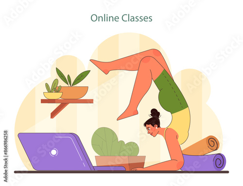 Online Home Workout. A focused woman participates in a virtual yoga session, demonstrating a healthy.