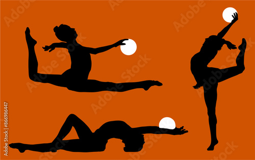 aro, gimnasia, deportes, acrobatas, gimnastas, silueta, vectores, gimnasia ritmica