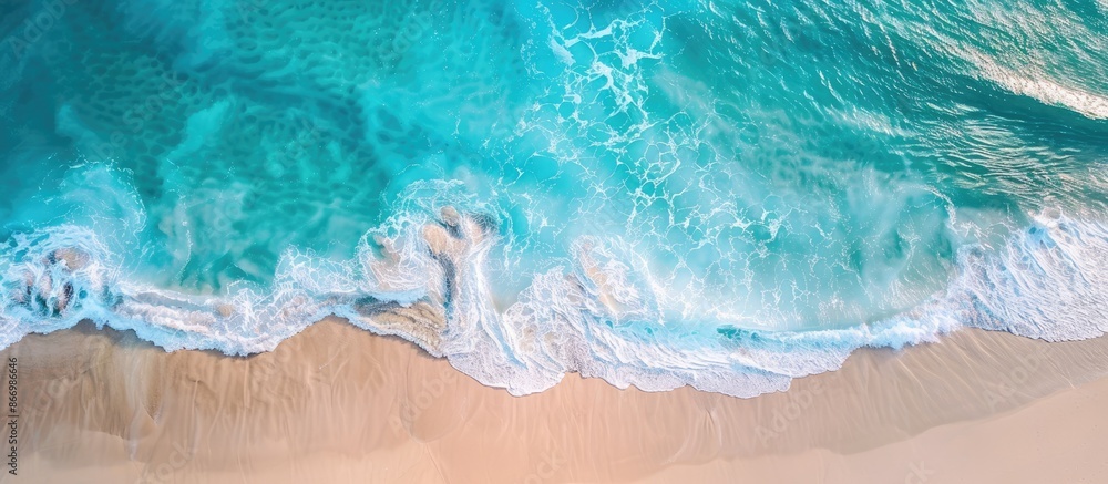 Turquoise Water Beach Scenery with Text Space: Aerial Drone View of Stunning Sandy Shore Turquoise Water Beach Scenery with Text Space: Aerial Drone View of Stunning Sandy Shore