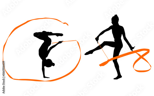 aro, gimnasia, deportes, acrobatas, gimnastas, silueta, vectores, gimnasia ritmica