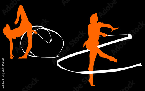 aro, gimnasia, deportes, acrobatas, gimnastas, silueta, vectores, gimnasia ritmica