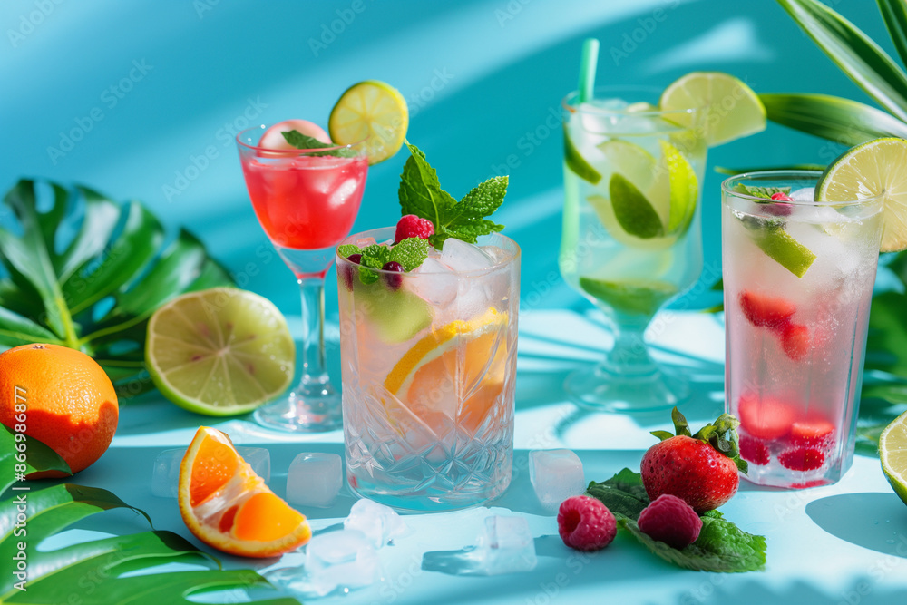 Refreshing Summer Cocktails with Vibrant Garnishes - Beautifully Crafted Drinks, Citrus, and Fruits in a Tropical Setting, Perfect for Parties and Celebrations Refreshing Summer Cocktails with Vibrant Garnishes - Beautifully Crafted Drinks, Citrus, and Fruits in a Tropical Setting, Perfect for Parties and Celebrations