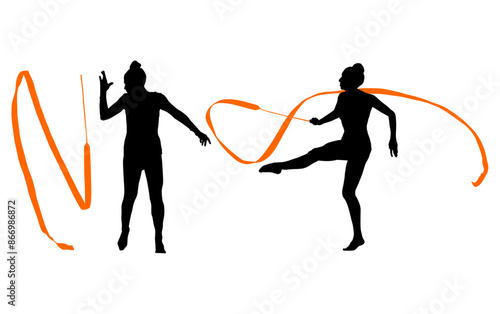 aro, gimnasia, deportes, acrobatas, gimnastas, silueta, vectores, gimnasia ritmica