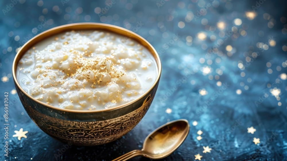 Bowl of rice pudding sprinkled with cinnamon on festive background Bowl of rice pudding sprinkled with cinnamon on festive background