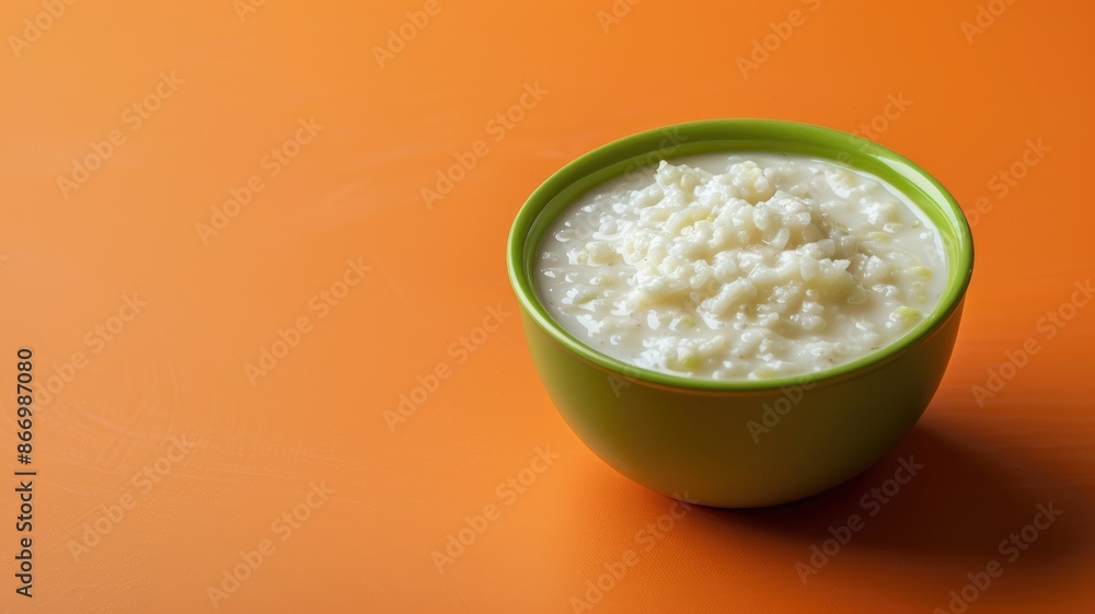 Bowl of creamy rice pudding on orange background Bowl of creamy rice pudding on orange background