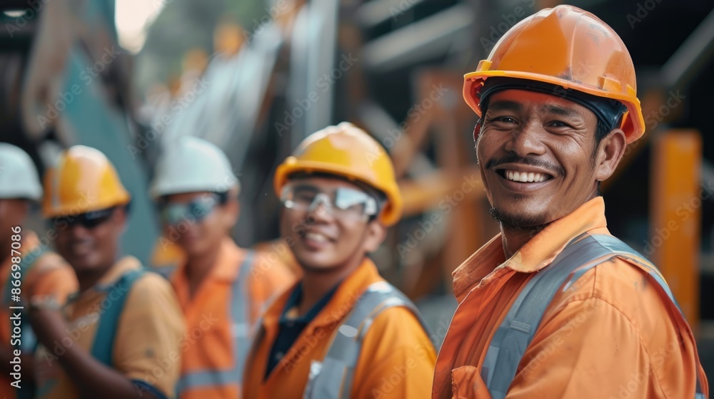 A group of smiling construction workers wearing uniforms A group of smiling construction workers wearing uniforms