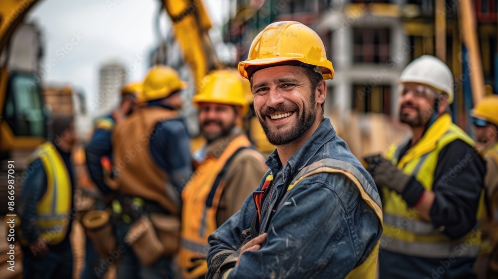 A group of smiling construction workers wearing uniforms A group of smiling construction workers wearing uniforms